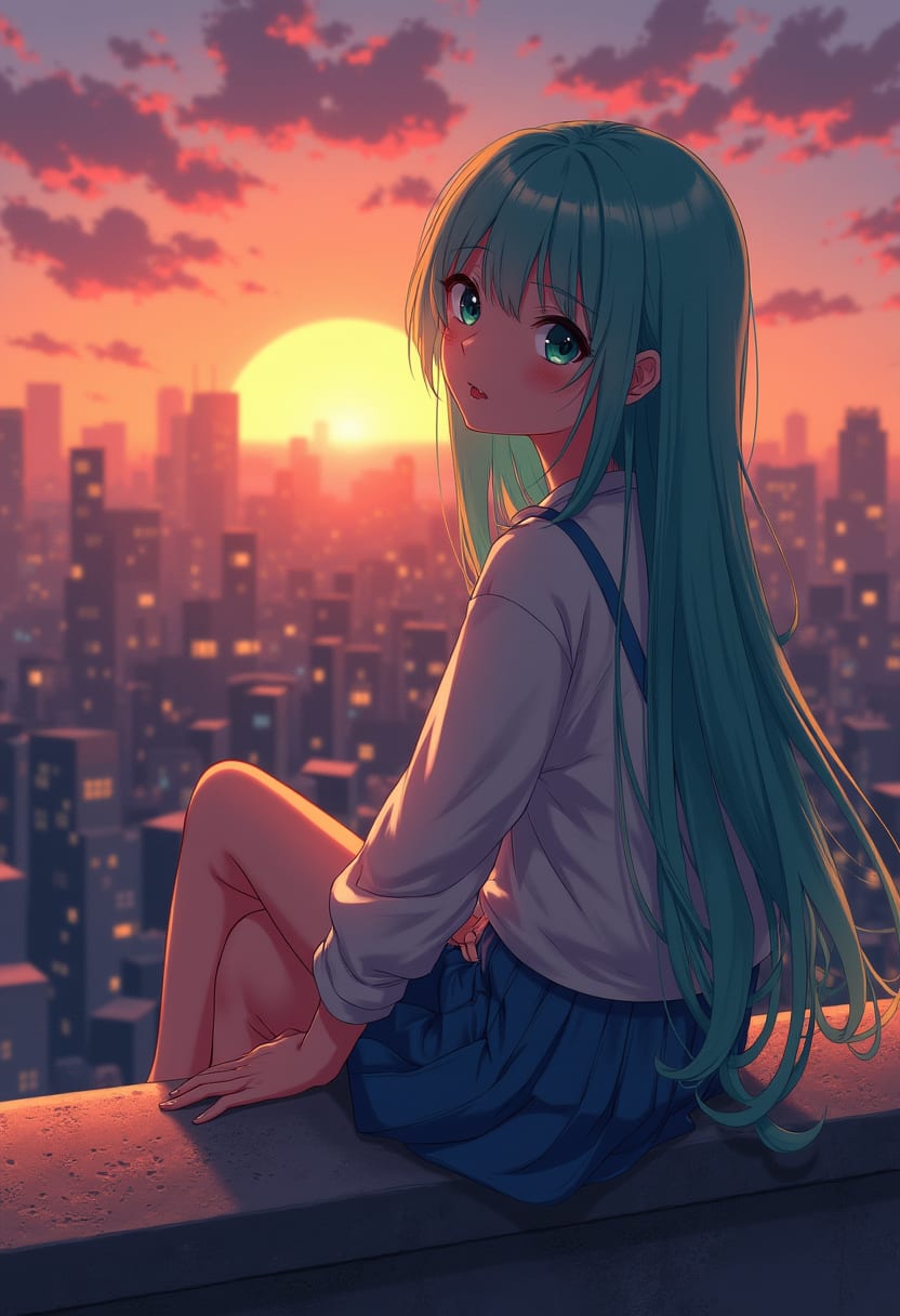 Anime illustration of a girl with teal hair on a rooftop at sunset, city skyline, soft cel shading, lens flare