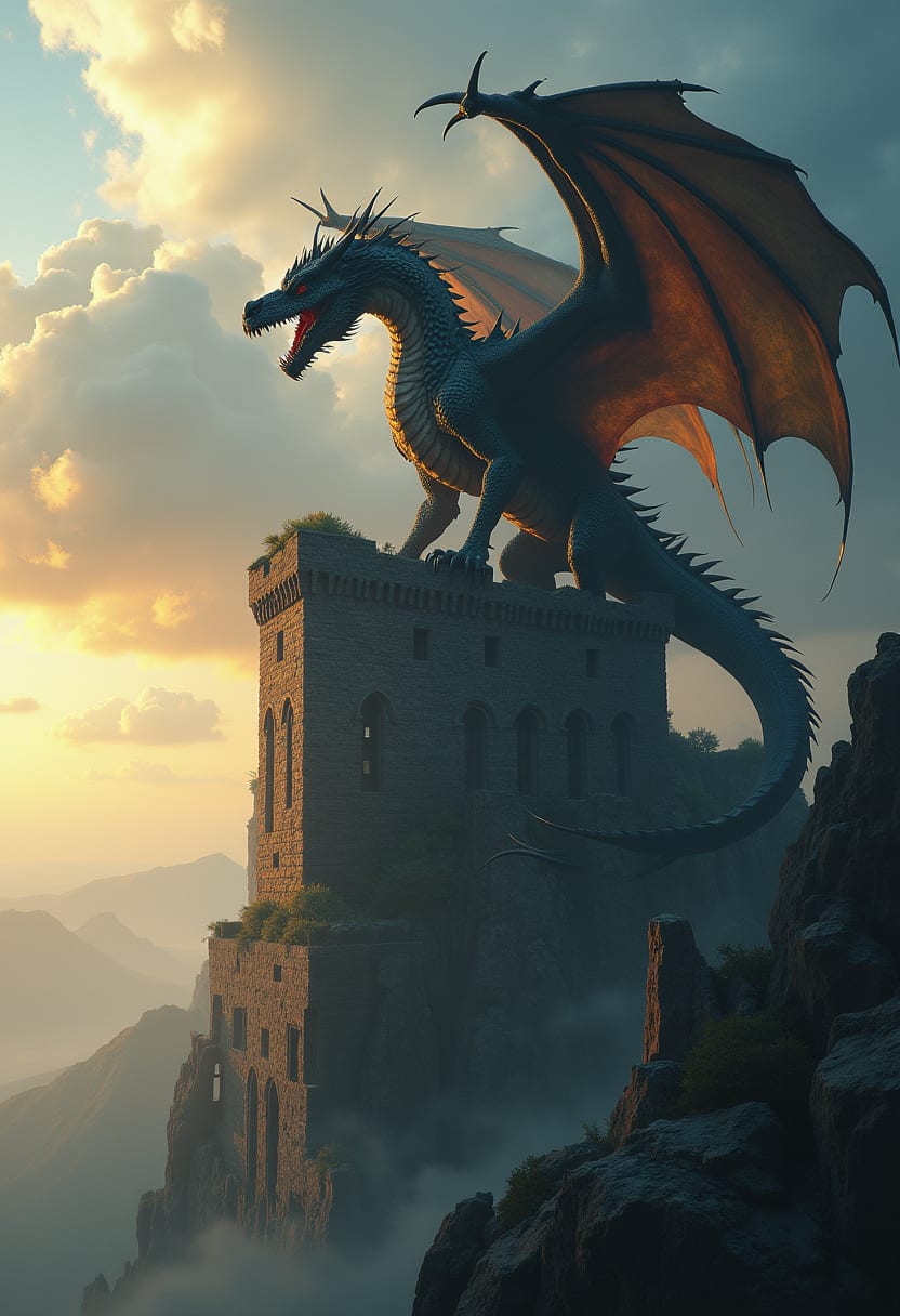 A colossal ancient dragon perched on a ruined castle tower, storm clouds gathering, epic fantasy concept art
