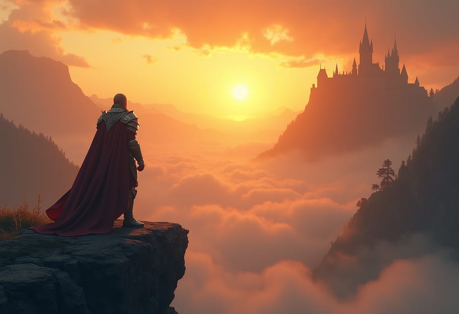 Epic fantasy landscape, a lone armored warrior on a cliff overlooking a misty valley at sunrise, cinematic concept art