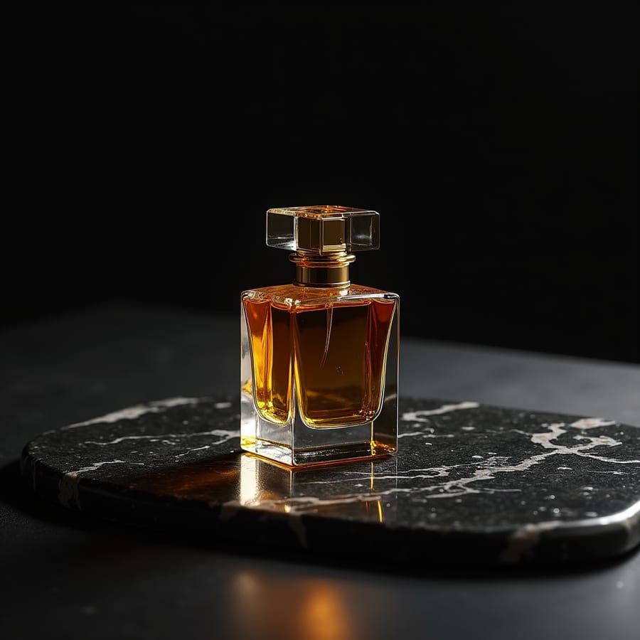 A luxury perfume bottle on polished black marble, soft studio lighting, gold reflections, product photography