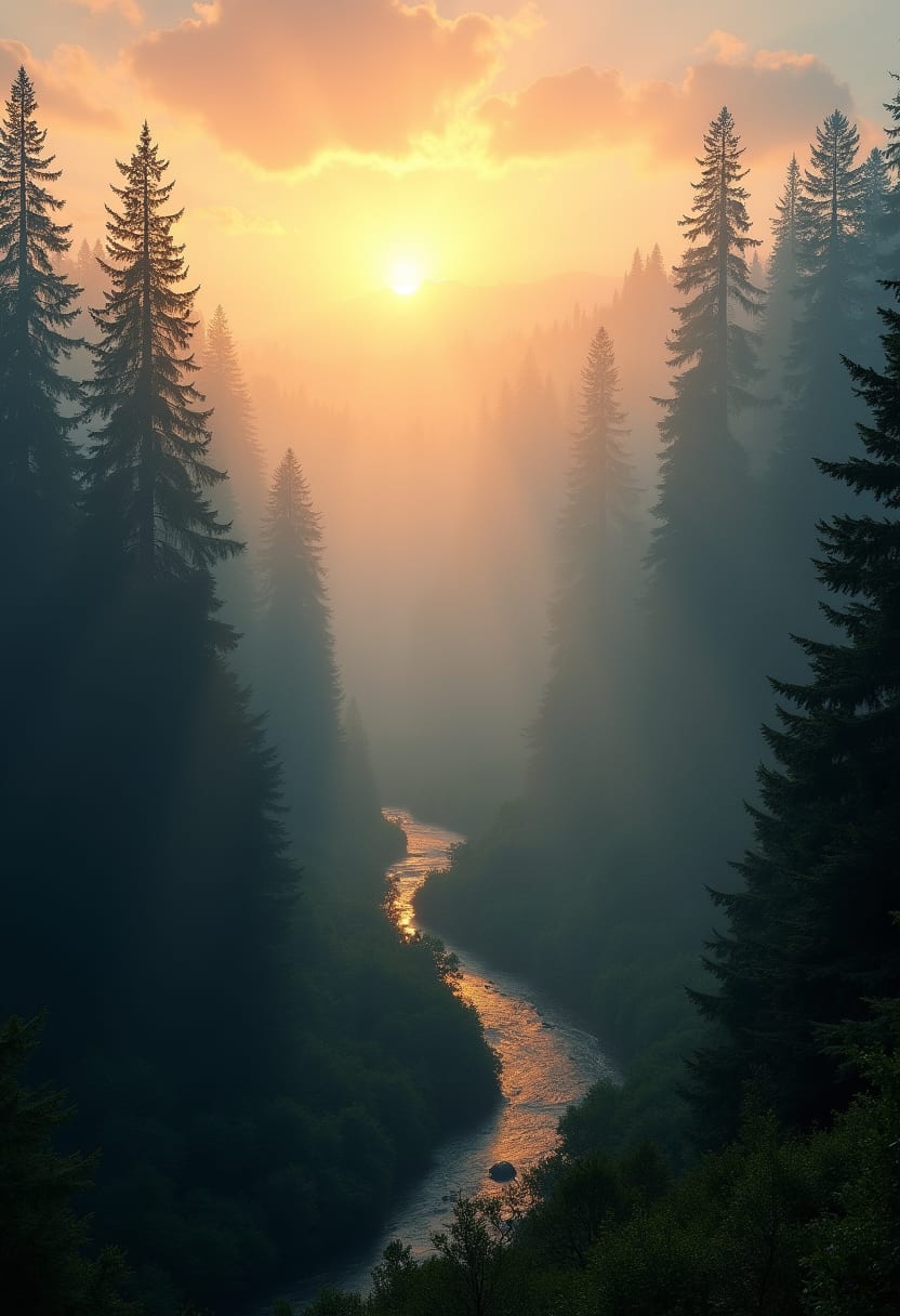 A vast misty pine forest at sunrise, golden god-rays through fog, a winding river, atmospheric landscape photography