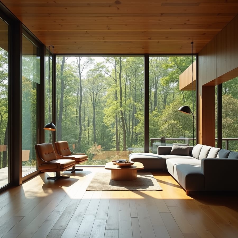 Minimalist modern living room with floor-to-ceiling windows overlooking a forest, mid-century furniture, warm light