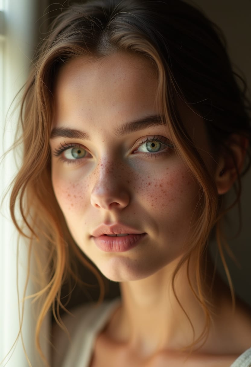Photorealistic close-up portrait of a young woman with freckles and green eyes, soft window light, 85mm lens